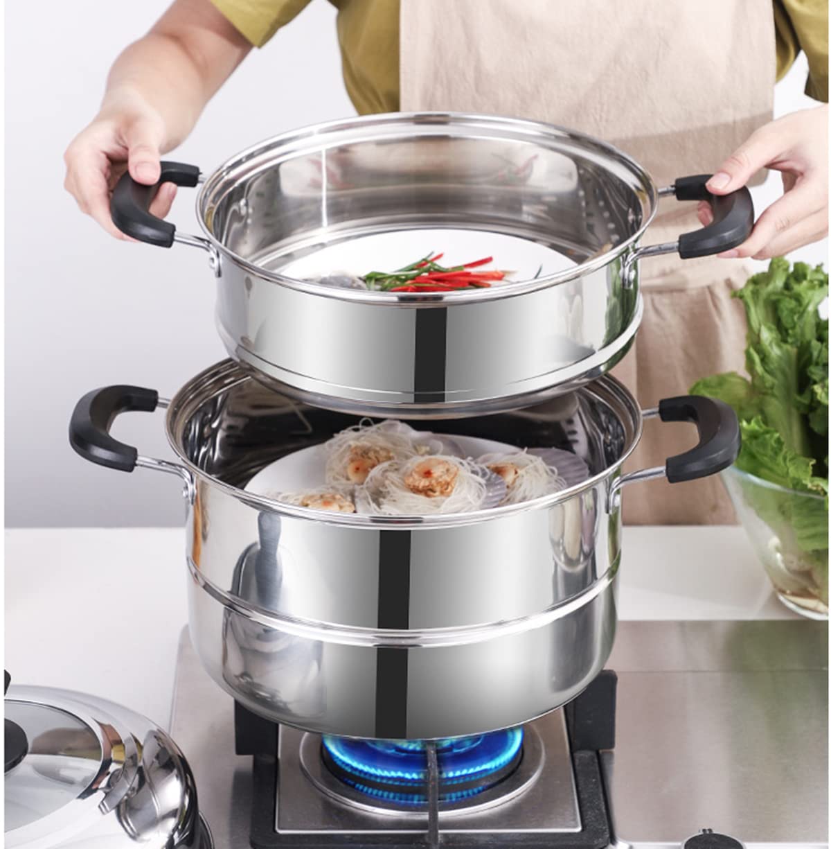 Vaporera de acero inoxidable de 11 pulgadas para cocinar al vapor con tapa Utensilios de cocina de acero inoxidable multiusos de 2 niveles con asa para verduras, salsa, alimentos (28 cm)