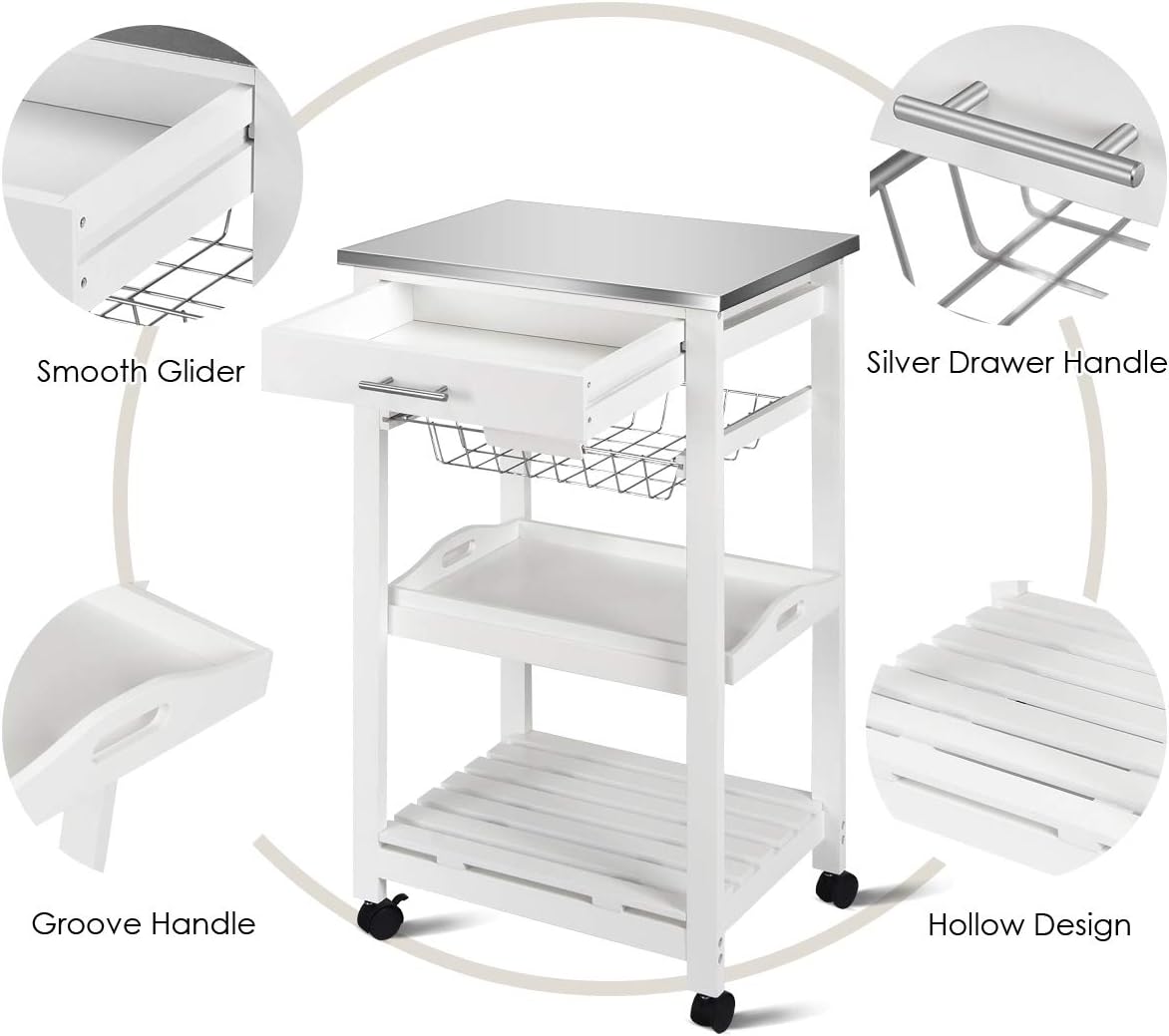 Kitchen Trolley Bamboo Island Home Restaurant Serving Cart Tabletop Drawer Wine Rack Storage Shelf Basket Lockable Wheels, Natural W/Stainless Steel Top