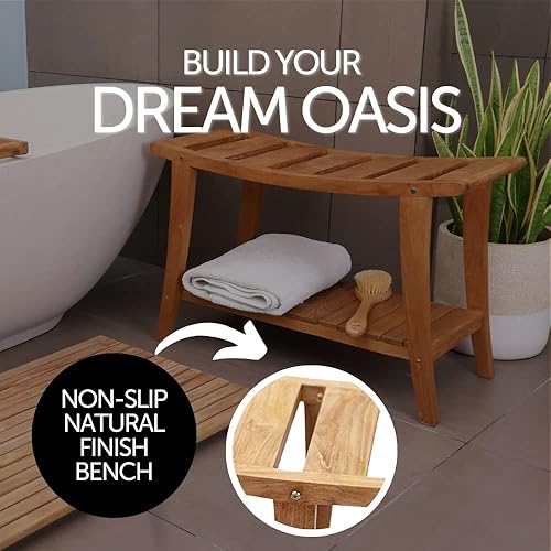 Miniatura 5 de NORDIC STYLE TEAK Banco de madera para ducha y spa con estante, uso en interiores y exteriores (estilo asiático de 30 pulgadas)