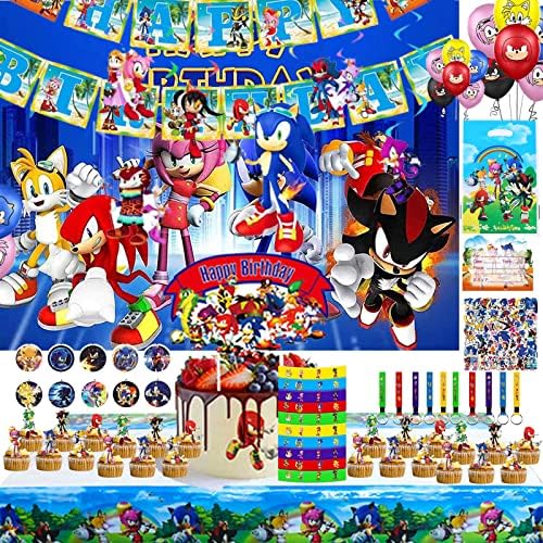 Sonic Birthday Celebration Provides Celebration Decorations Celebration Favors Present Set Embrace Backdrop,Bracelets,Key Chain,Button Pins,Banner, Balloons, Cake Cupcake Toppers, Sticker for Children Boys Women Sonic Theme Celebration