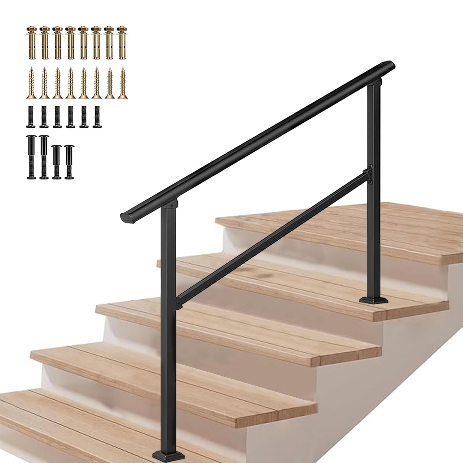 Jksyff A Djustable Stair Railing, Handrail For Outdoor, Black Galvanized Steel Transitional Handrail With Installation Kit Fits 2 To 3 Steps, Non-Slip Porch Deck Guardrail(,80Cm/32Inch)