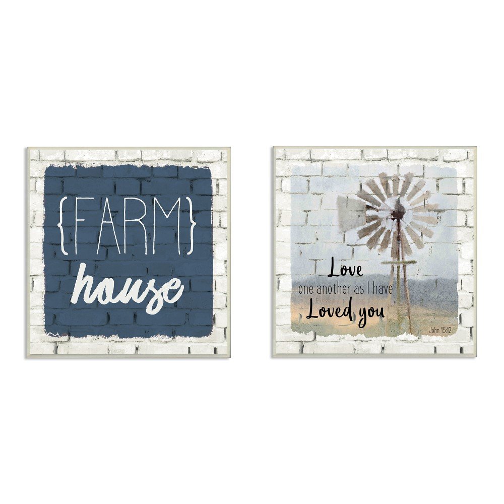 Stupell Industries Grateful Thankful Blessed Farm House White Brick Look Wall Plaque, 2pc Each 12 x 12, Multi-Color