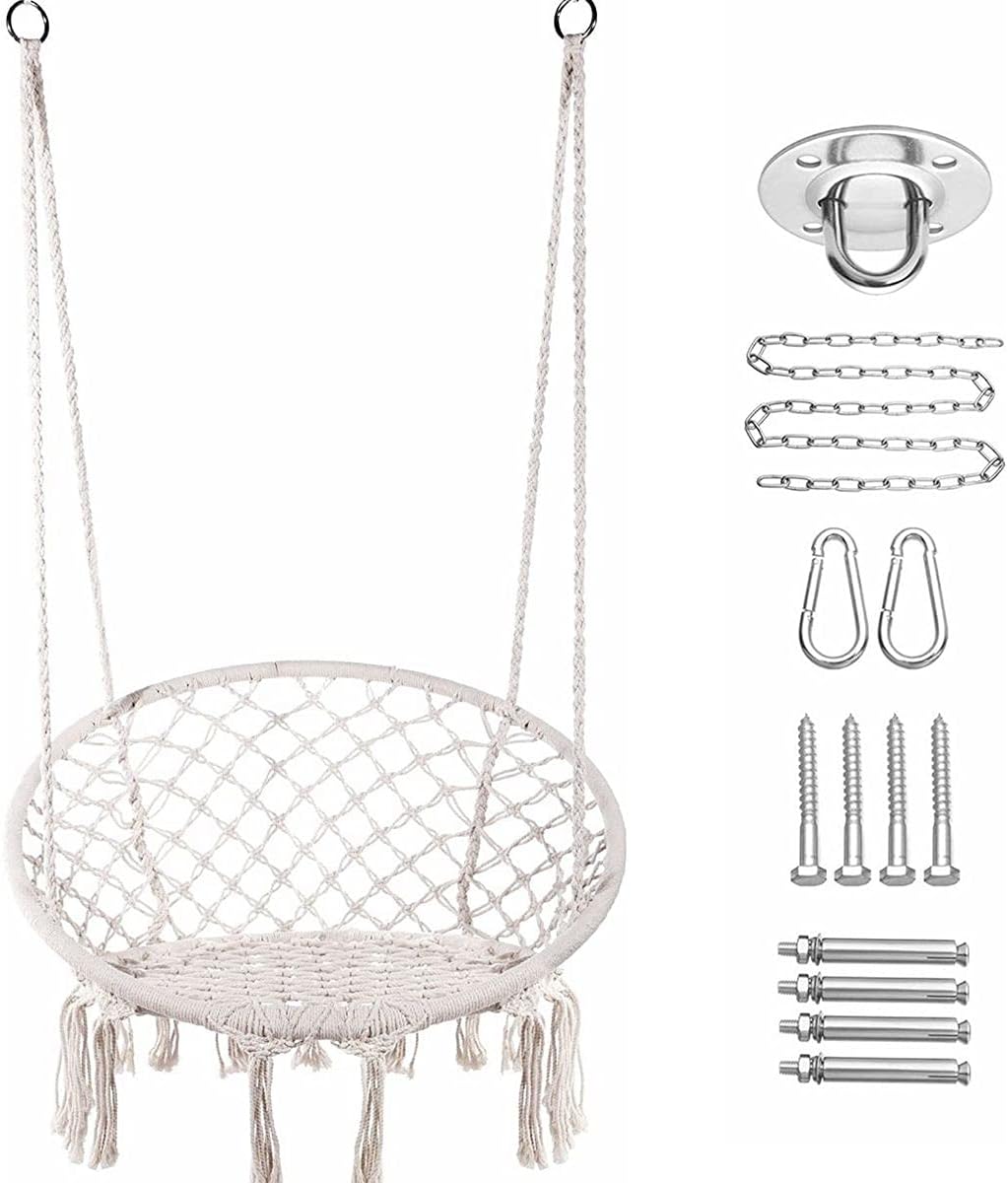 Hammock Chair Macrame Swing, Max 330 Lbs, Hanging Cotton Rope Hammock Swing Chair with Hanging Hardware Kits for Indoor and Outdoor Use (1-White+Kits)