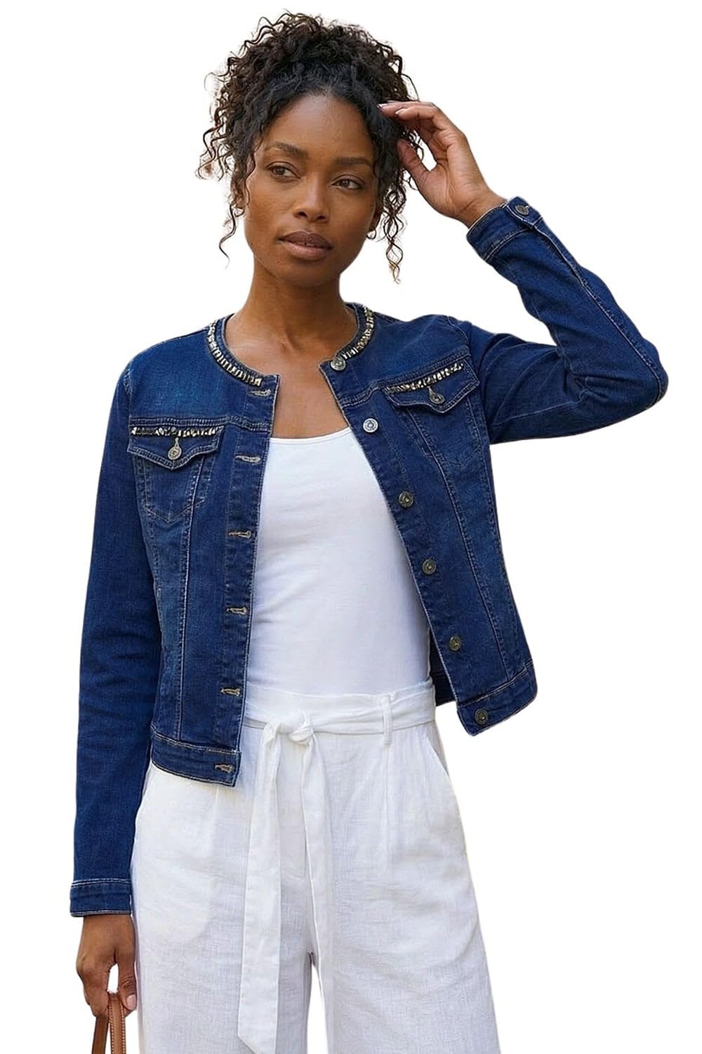 Roman Women's Indigo Collarless Tape Stretch Denim Jacket In | : Size 20