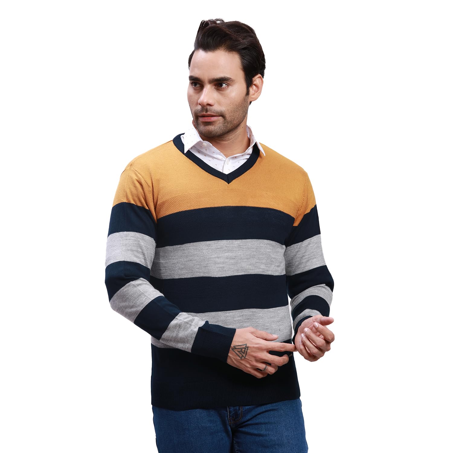 parx Men's Regular Fit Pure Acrylic Full Sleeve V Neck Yarn Dyed Pattern Yellow Casual Sweater-picture-50