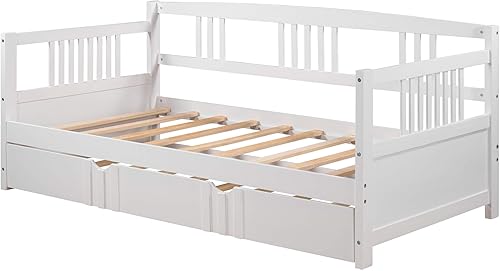 Miniatura 62 de Flieks Sofá cama de madera de tamaño individual con dos cajones de almacenamiento y soporte de 10 listones de madera (blanco)