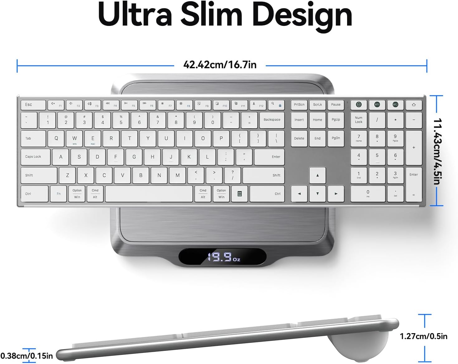 Жогорудан төмөн view of AUSDOM keyboard with dimensions and weight