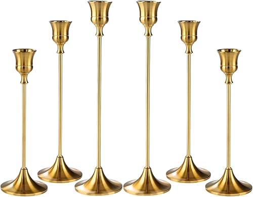 Juego de 6 portavelas de latón dorado, portavelas cónico para candelabros, candelabros antiguos vintage para centro de mesa, decoración de regalo