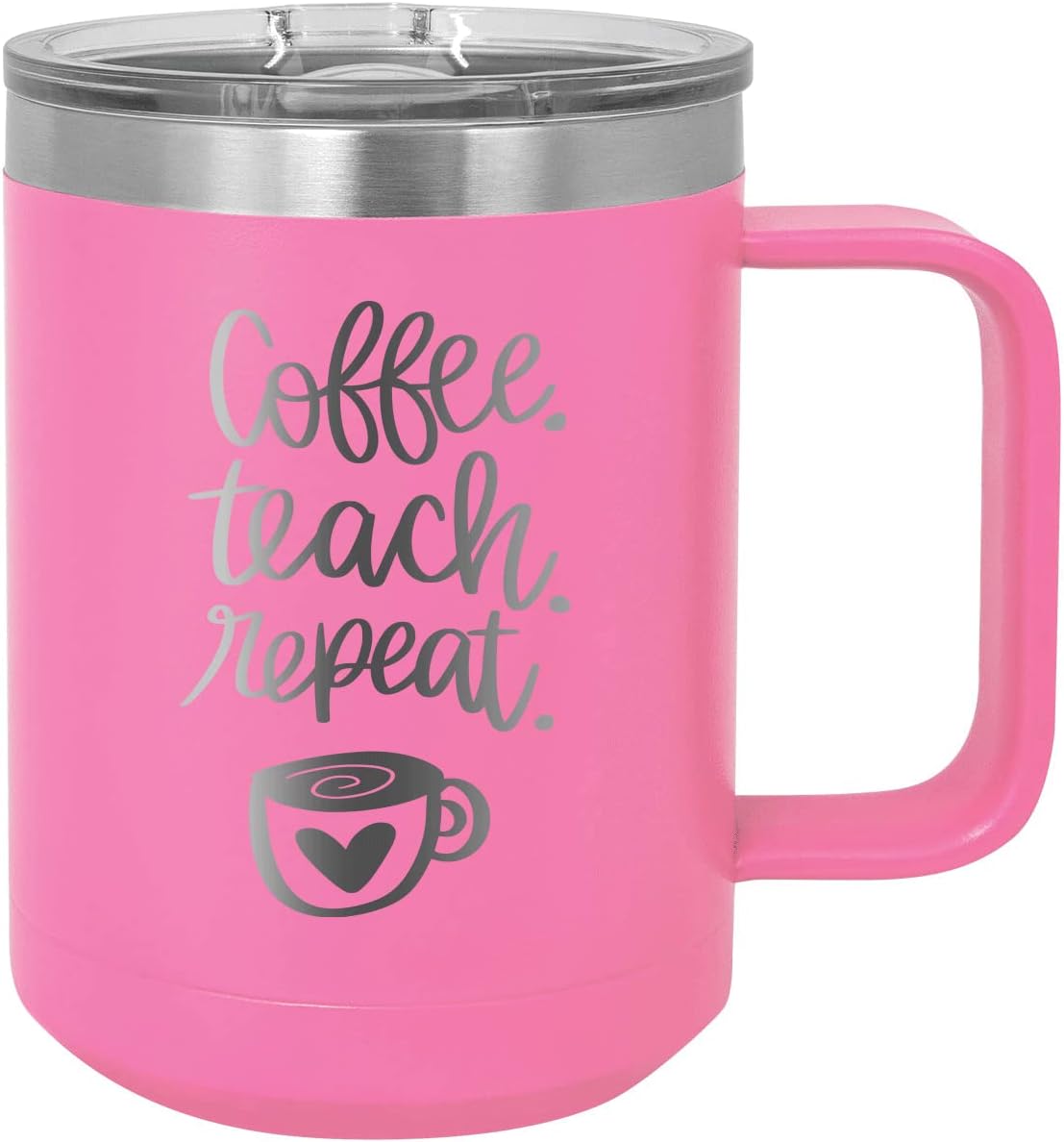 CustomGiftsNow Coffee. Teach. Repeat. - Teacher - Stainless Steel Double-Wall Insulated 15-Ounce Truck Car Travel Coffee Cup Tumbler Mug with Handle, Sliding Lid