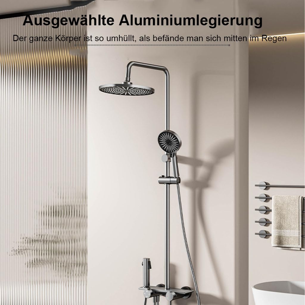 Saliscendi Doccia Grigio Metallizzato Rubinetto a Parete Bagno | Saliscendi doccia a parete,soffione rotondo 260mm,4 uscite acqua,ripiano integrato,asta regolabile