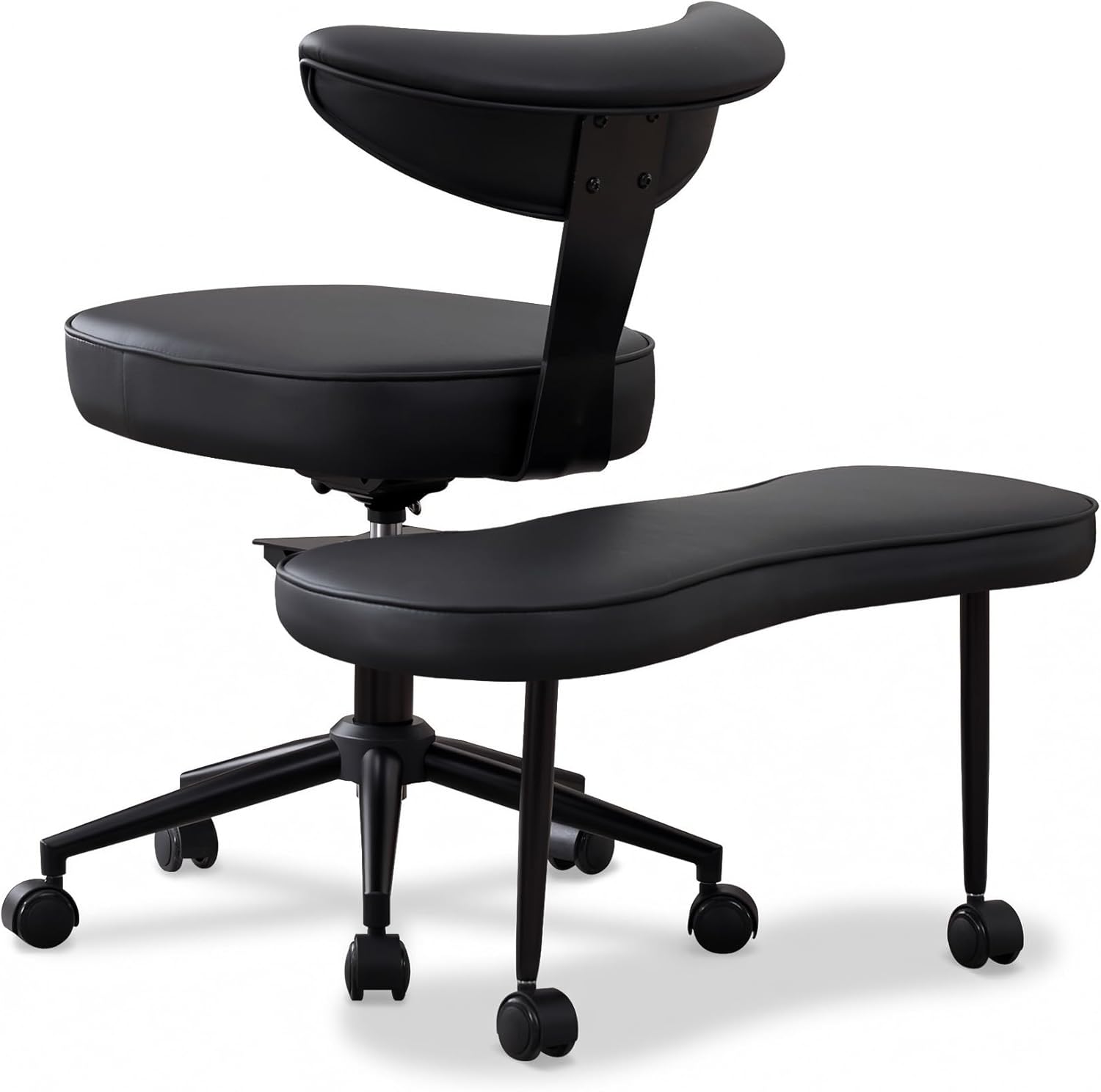 Ergonomic Cross-Legged Office Chair – Adjustable Height, Enhanced Lumbar Support, 360° Swivel, Wide Meditation & Yoga Kneeling Seat, Sturdy Steel Base, Wheels – PU Leather Black