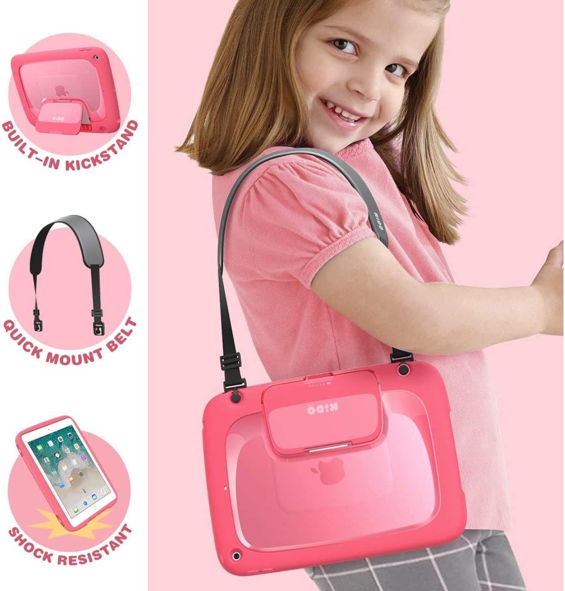 New iPad 9.7 2018/2017 Case for Kids, Mumba iPad 9.7 Inch Protective Case for Apple iPad 5th/6th Generation KIDO Series Kickstand Shoulder Strap (Pink)