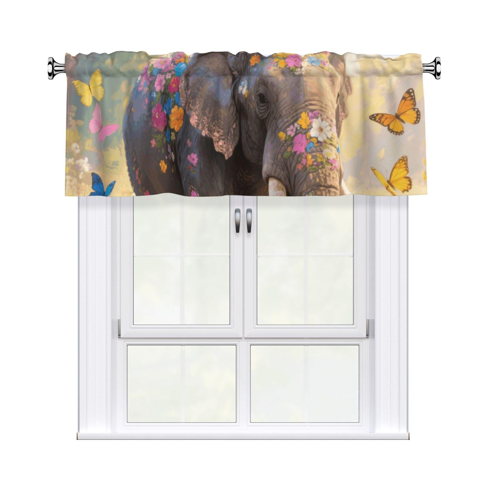 FekiLoot Butterfly Elephant Curtain Valance for Windows, Kitchen Window Valances Rod Pocket Window Treatments Short Curtains Drapes for Bathroom Bedroom Cafe Decor 54x18inch 1 Panel