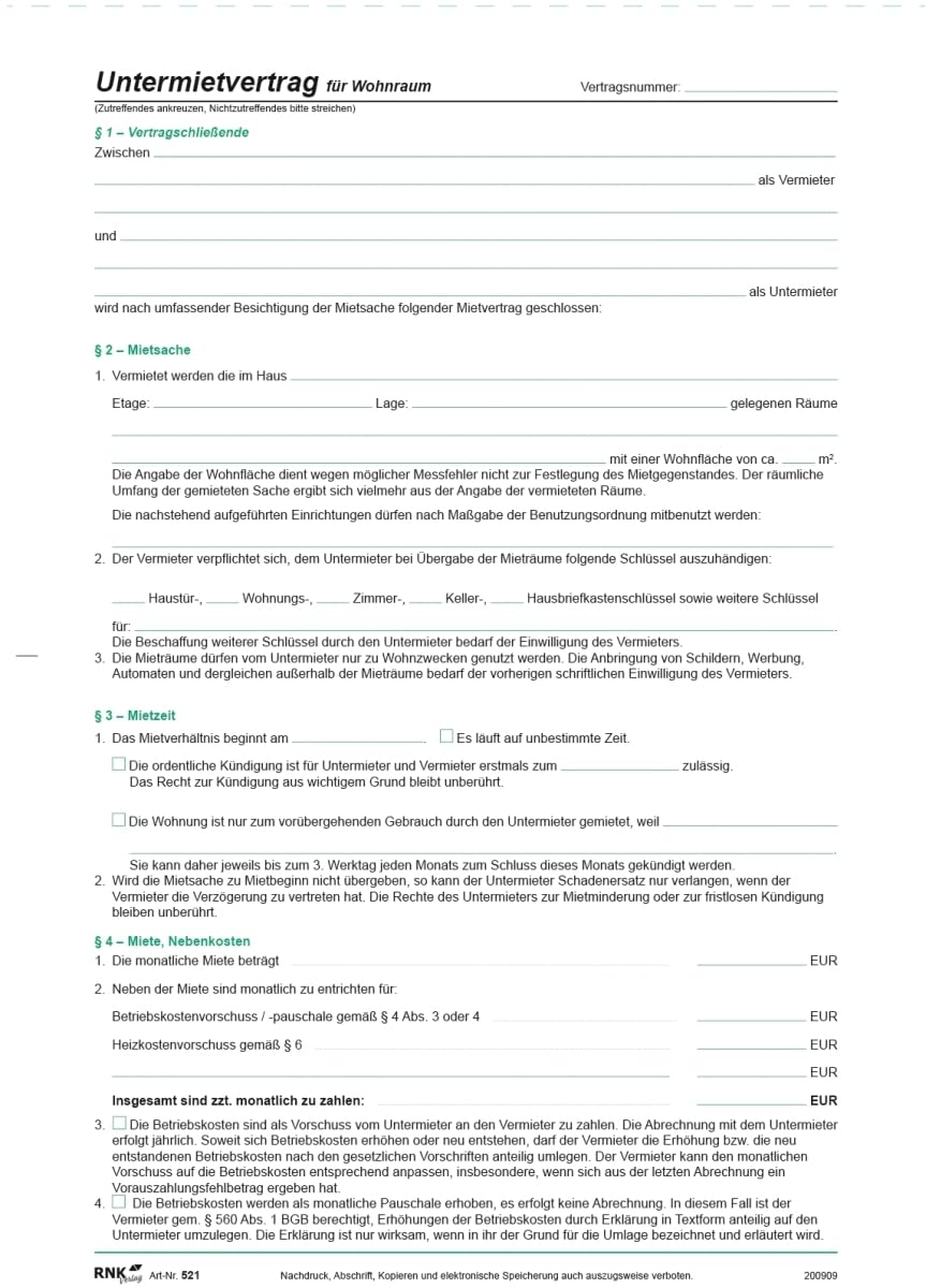 25 x RNK Untermietvertrag für Wohnräume SD 2x2 Blatt A4