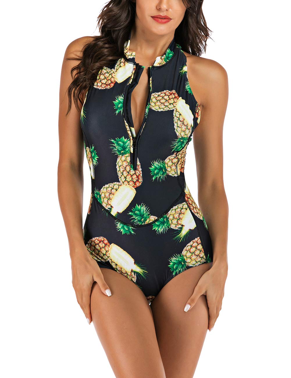 Women Multicolor Sleeveless Rash Guard Zipper Surfing Suit One Piece Swimwear Swimsuit, Multicolor, M