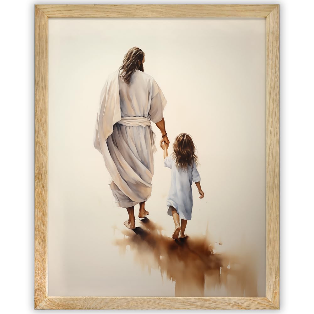 Walk With Me - Jesus Walking with a Little Girl - Jesus Picture Wall Art Catholic Christian Decor - Framed Print Poster, 11x14 - Great Gift and