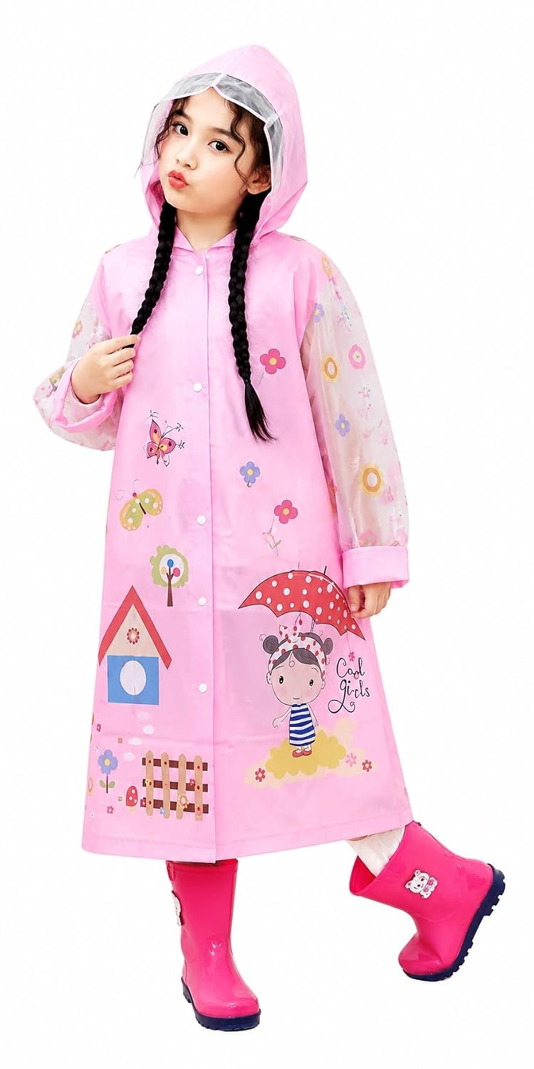 Zacharias Girl's Kids PVC Waterproof Long Raincoat with School Bag Cover yu-517 (Pink_Pack of 1)