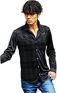 [サムディフ] イタリアンカラー総柄シャツ メンズ 長袖シャツ 襟ワイヤー入り チェック スリム