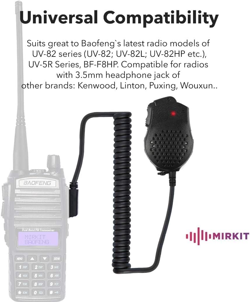 Baofeng UV-82 Speaker Microphone connected to a Baofeng radio, illustrating universal compatibility