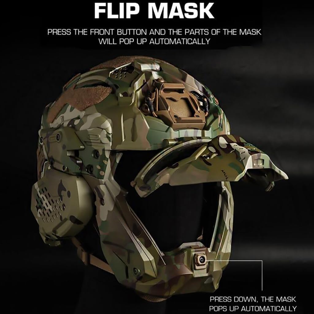 Tactical Airsoft Helmet Set Fast Helmet Built-in HD Headset with Full Face Mask Goggles and Anti-Fog Fan for Outdoor Paintball BB Game CS Airsoft Training Hunting Gear A