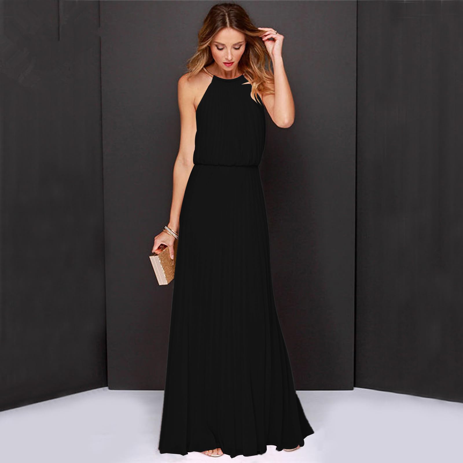 Vestido Elegante Mujer Verano Sin Mangas Casual Vestidos Largo Fiesta Sexy Cuello Halter Vestido de Cóctel Festivo para Mujer