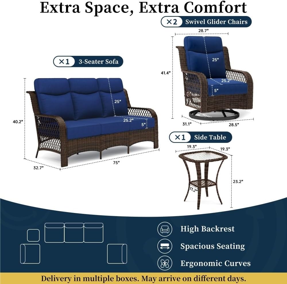 4 Pieces Patio Furniture Set 3-Seater Outdoor Sectional Sofa Swivel Rocker Patio Chairs and Side Table Wicker Conversation Sets for Backyard Porch Balcony