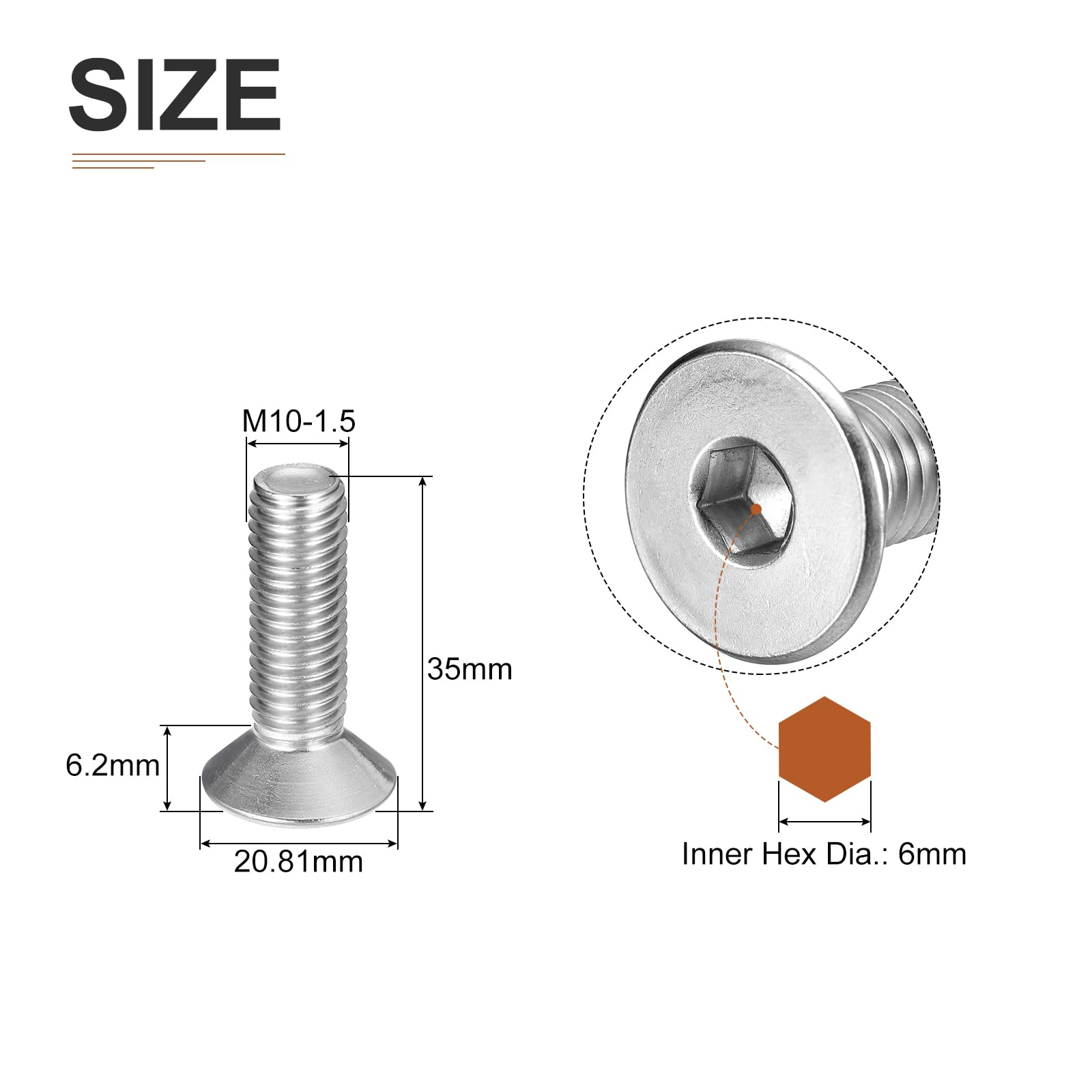 DTGN M10-1.5 x 35mm Flat Head Socket Cap Screws, 10 Pack 304 Stainless Steel Hex Socket Flat Head Screws, Full Thread - Image 2