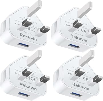 USB Plug, 4Pack USB Plug UK Adaptor Phone Charger Mains Charge Single Port Wall Plugs Adapter 3 PIN 5V 1AMP Charging for iPhone Apple 16 15 14 13 12 11 XS XR X 8 7 6,iPad Pro,Samsung, Andorid Mobile