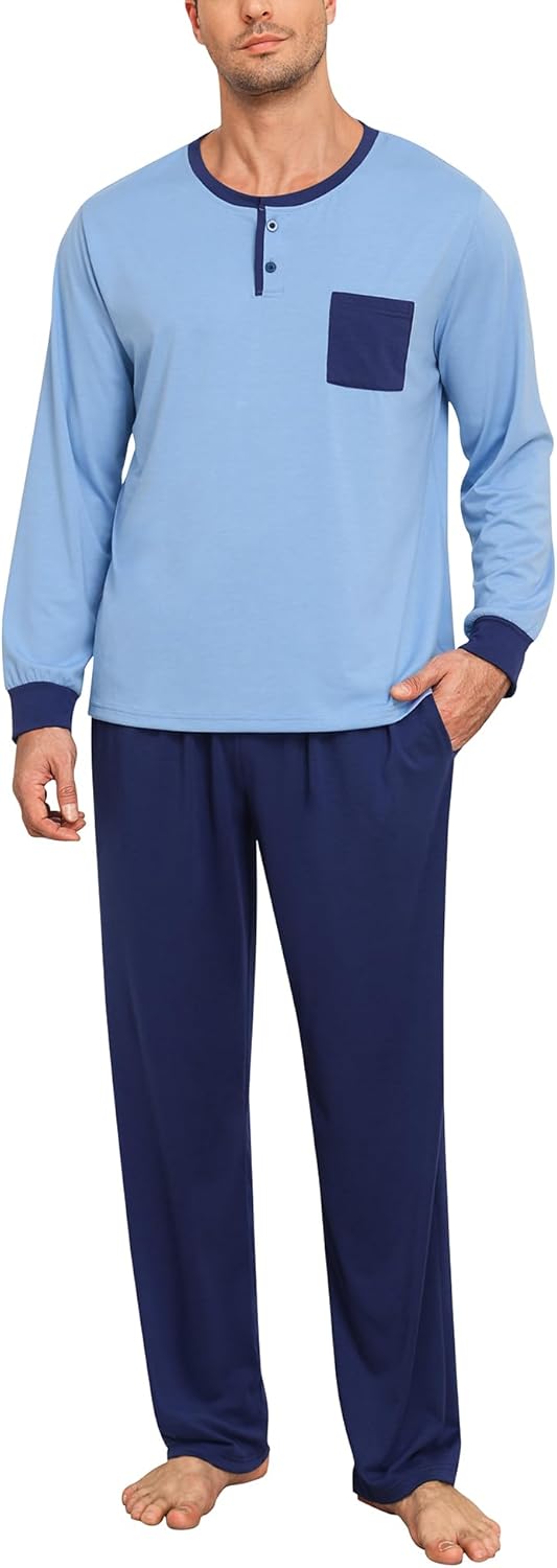 SWOMOG Mens Pajamas Set Long Sleeve Mens Sleepwear Pj Sets Henley Shirts and Pants Soft 2 Pcs Lounge Sets with Pockets