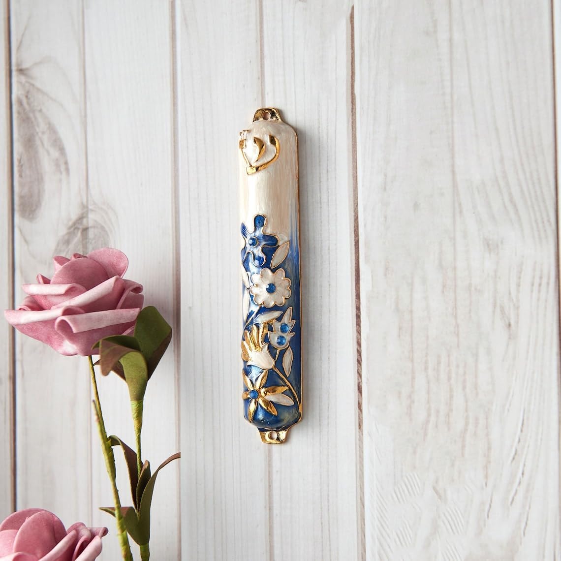 Handmade 5" Blue And Ivory Enamel Flower Mezuzah Embellished With Gold Accents Crystals Jewish Holiday Decor