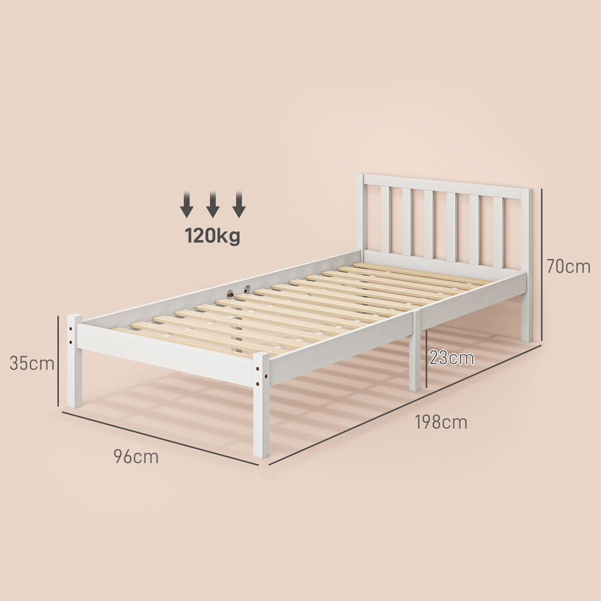 HOMCOM Marco de Cama de Madera Somier con Cabecera 198x96x70 cm Blanco
