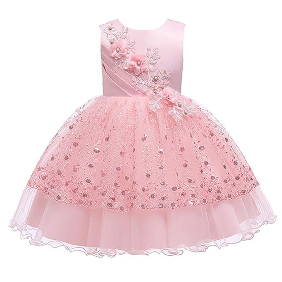 Hopscotch Girls Polyester and Viscose Sleeveless Applique Floral Printed Party Dress in Pink Color