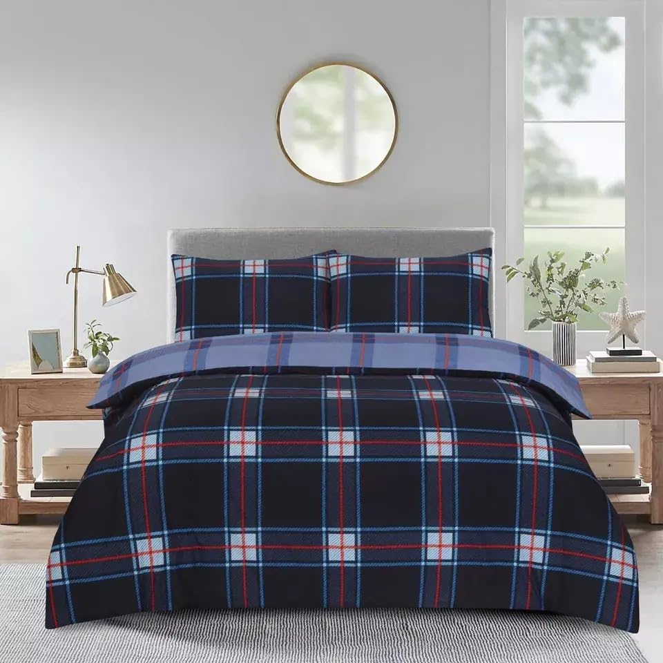 Stylish Home London Bedding Polycotton Duvet Cover with fitted sheet - Bedding Quilt Cover Set, with Pillow cases (Plaid Check Navy, Single)