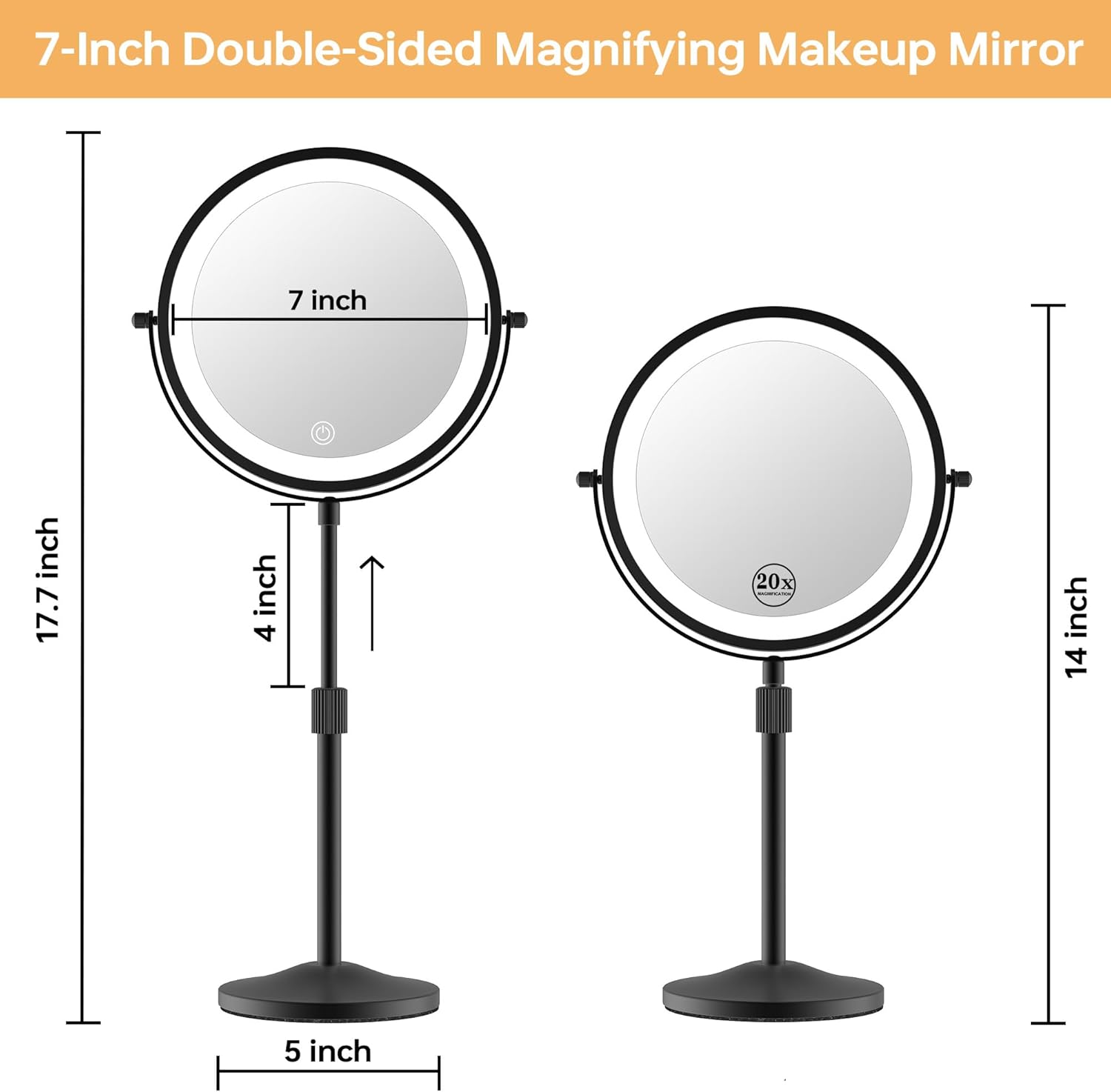 Makeup Mirror with Lights, Height-Adjustable Lighted Makeup Mirror with 1X/20X Magnification, 360° Swivel Rechargeable Double Sided Vanity Mirror with 3 Color Dimmable Lights, Gifts for Women (Black)