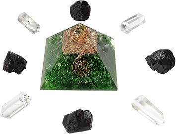 HARMONIZE Peridot Pyramid with Healing Crystal Copper Chakra Symbol Positive Energy Generator -EMF Protection Yoga Meditation Home Office Accessories