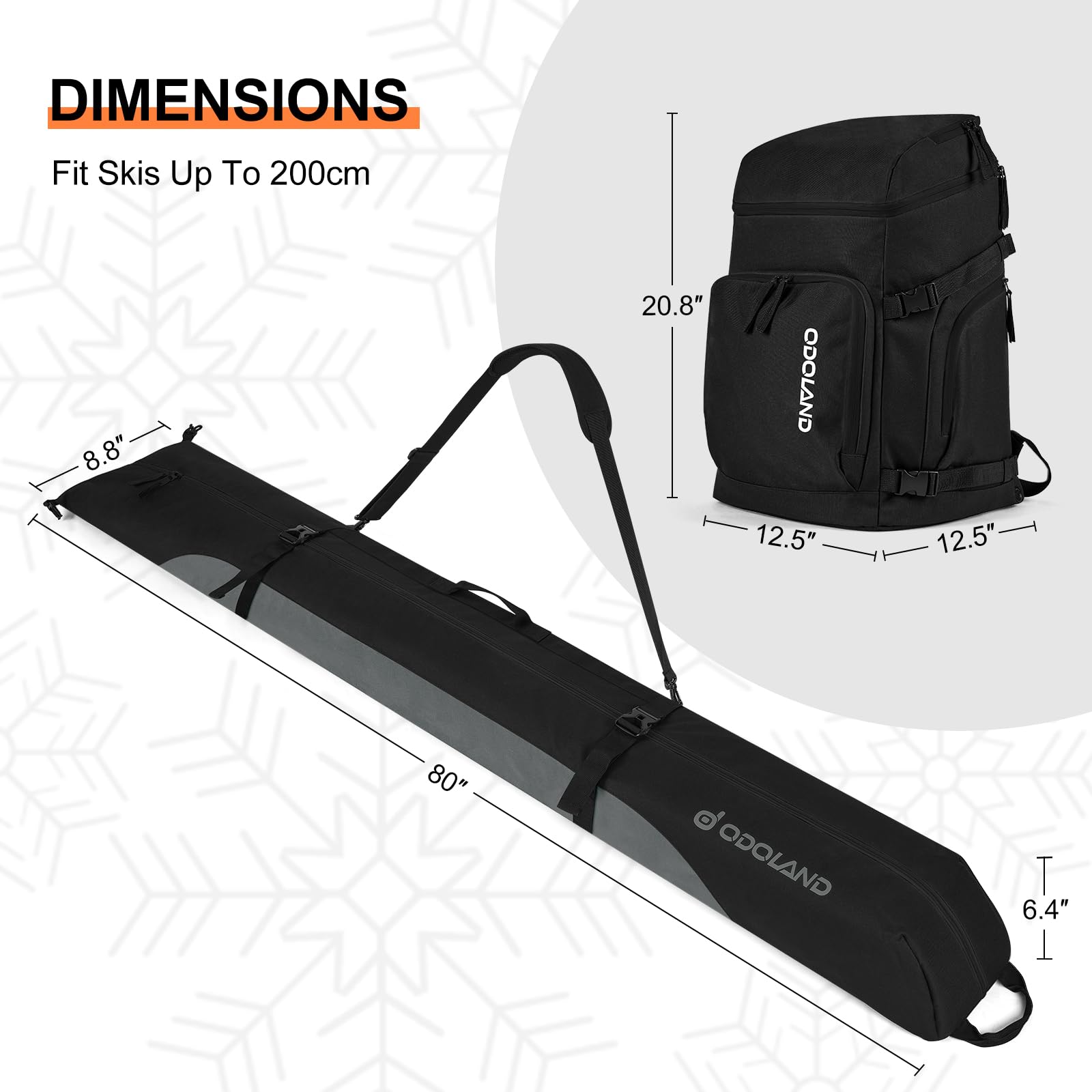 Odoland Housse à Skis 200cm et Sac à Dos pour Chaussures de Ski, Sacs Rembourrés de Skis, Double Imperméable pour Transporter d'Équipement de Ski, Chaussures, Lunettes, Casque pour Homme Femme