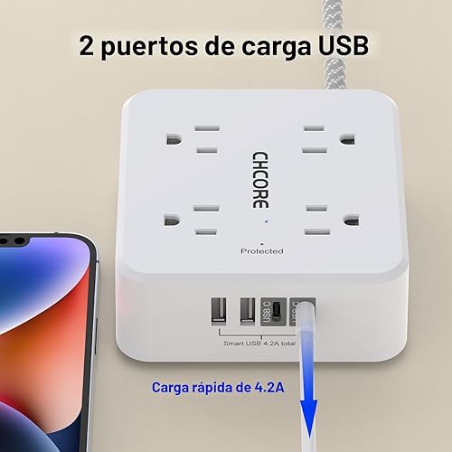 Miniatura 3 de Cable de extensión trenzado de 5 pies con 8 tomas de corriente con 4 puertos de carga USB (2 USB C), enchufe plano, extensor de múltiples enchufes,