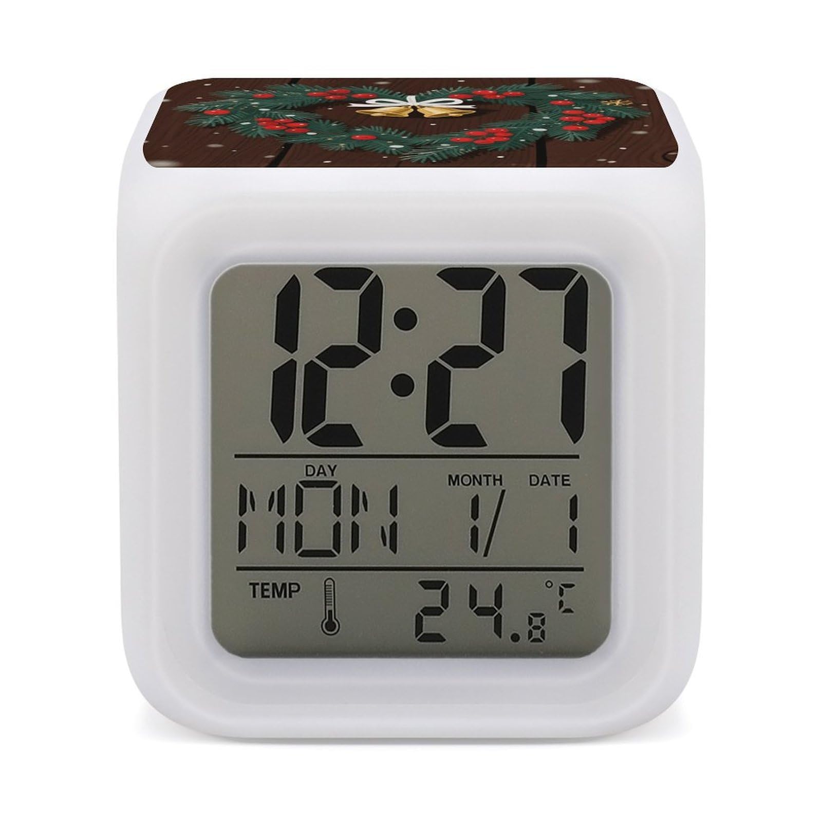7 Color Ambient Night Light Cube Battery Operated Merry Christmas Digital Clock with Snooze Temperature LED Digital Alarm Clocks Dimmable Wake Up Light Portable Mood Lamp for Bedroom Desk Gift