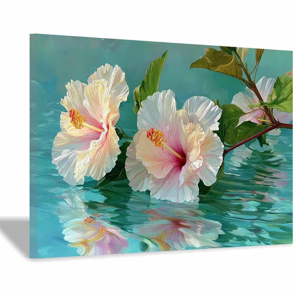 CUDAOO Semplice arte botanica Stampe su Canvas Ibisco rosa-bianco per Camera da Letto Agriturismo Soggiorno Bagno(Menta verde)-60x90cm Incorniciato