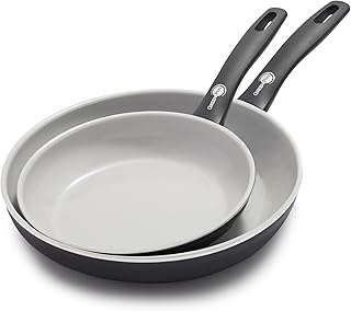 GreenPan Dover 8” and 10” 2 Piece Frying Pan Skillet Set, Non-Toxic PFAS-Free Ceramic Nonstick Coating, Sear Saute Fry Egg Omlete, Dishwasher & Oven Safe, Stay Cool Handle, Easy Pour Rims, Black
