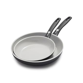 GreenPan Dover 8 and 10 2 Piece Frying Pan Skillet Set, Non-Toxic PFAS-Free Ceramic Nonstick Coating, Sear Saute Fry Egg Omlete, Dishwasher & Oven Safe, Stay Cool Handle, Easy Pour Rims, Black