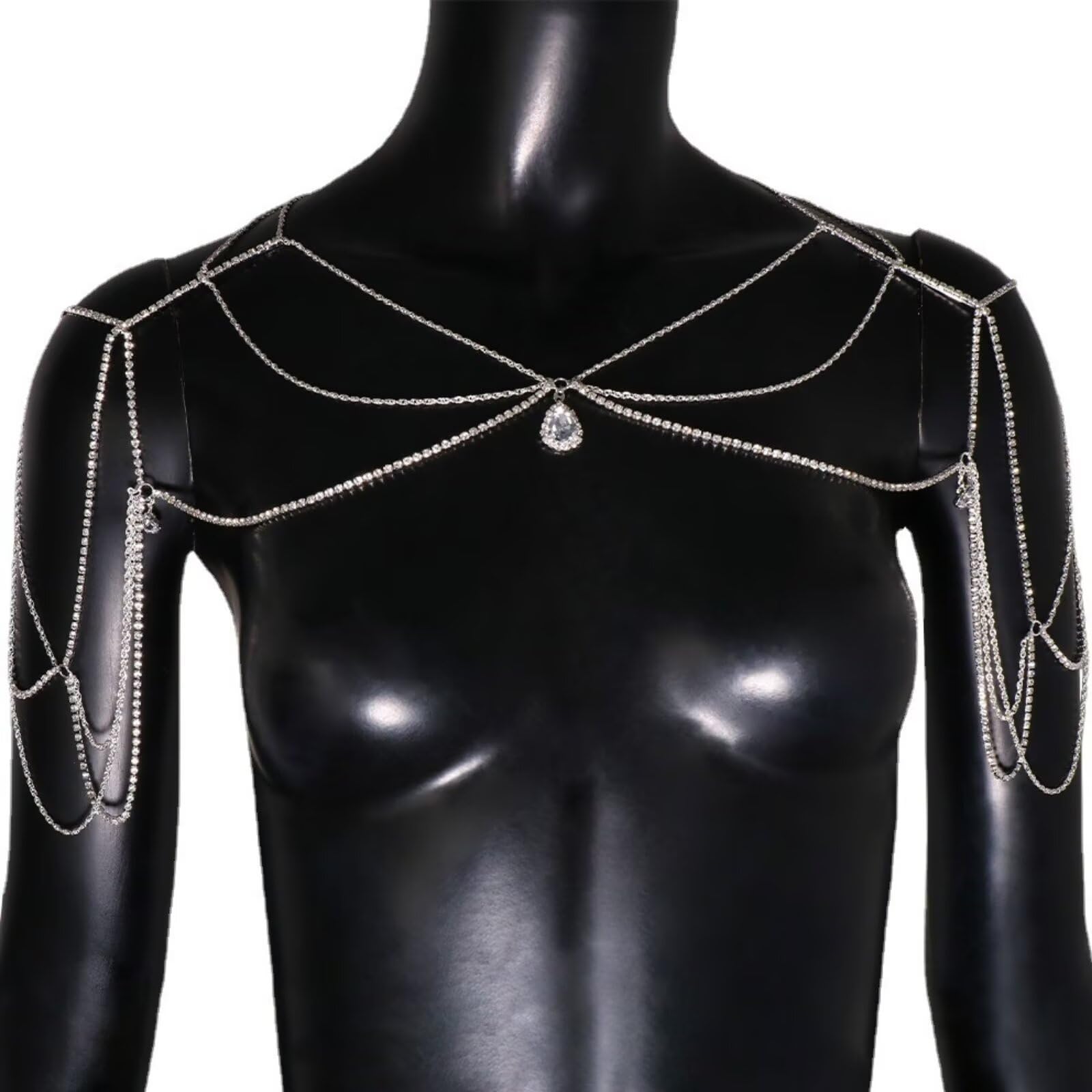 Collar de cuerpo multicapa con borlas de cristal que realza los hombros y brazos de la mujer 7