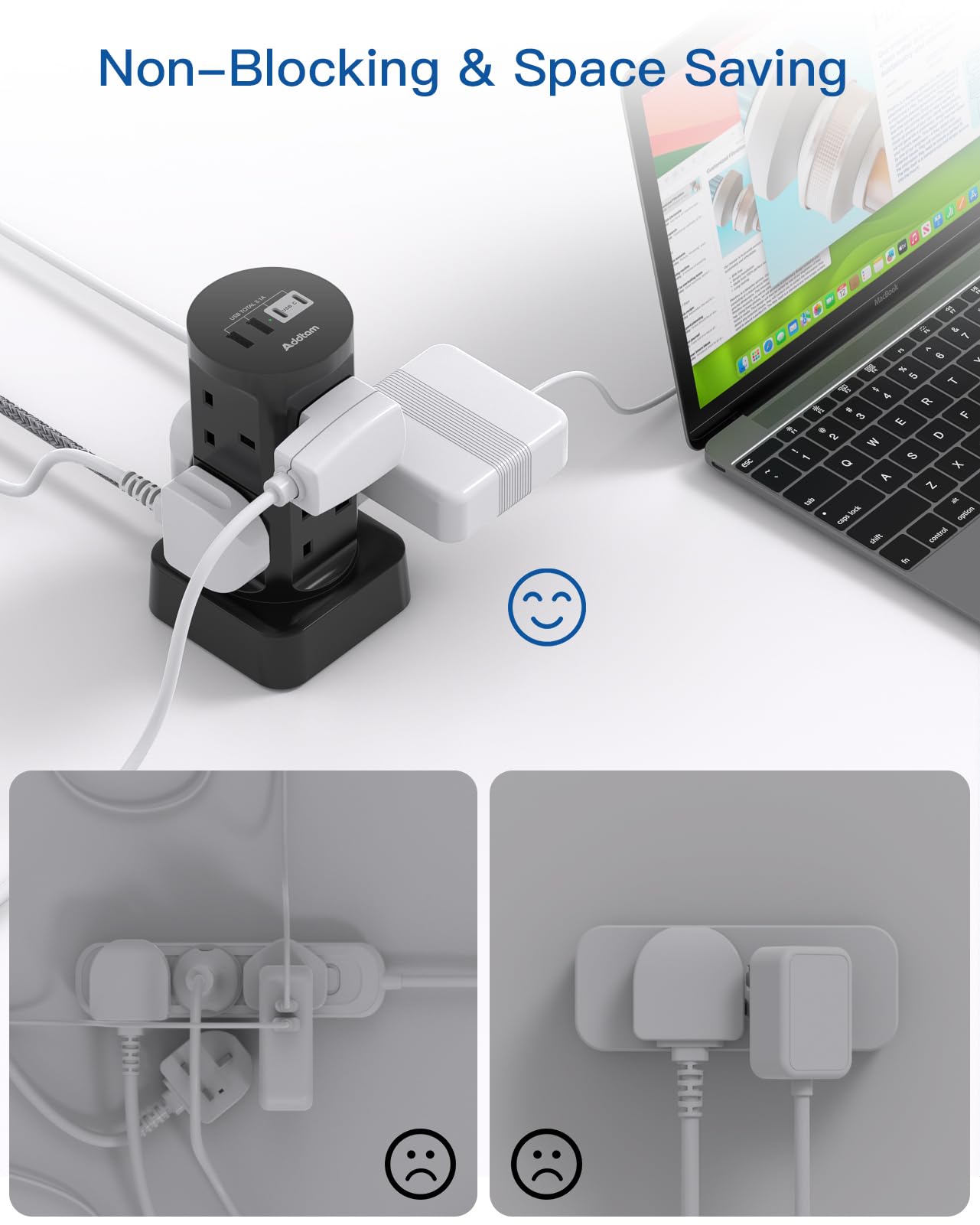 Tower Extension Lead with USB Slots, (13A 3250W), 8 Way Multi Plug Extension Tower & 4 USB Ports (2 Type C), 1.8M Extension Cable, Extension Lead tower for Home Office School Supplies (Black) — view 4