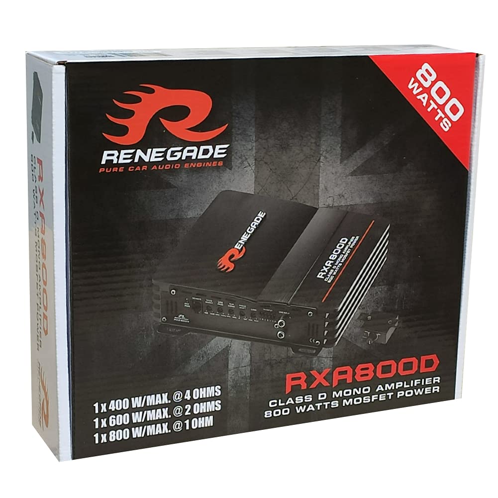 1 amplificador mono RENEGADE RXA800D RXA 800 D 1 canal clase d 400 vatios rms 800 vatios máx con bass boost específico para subwoofer, 1 pieza