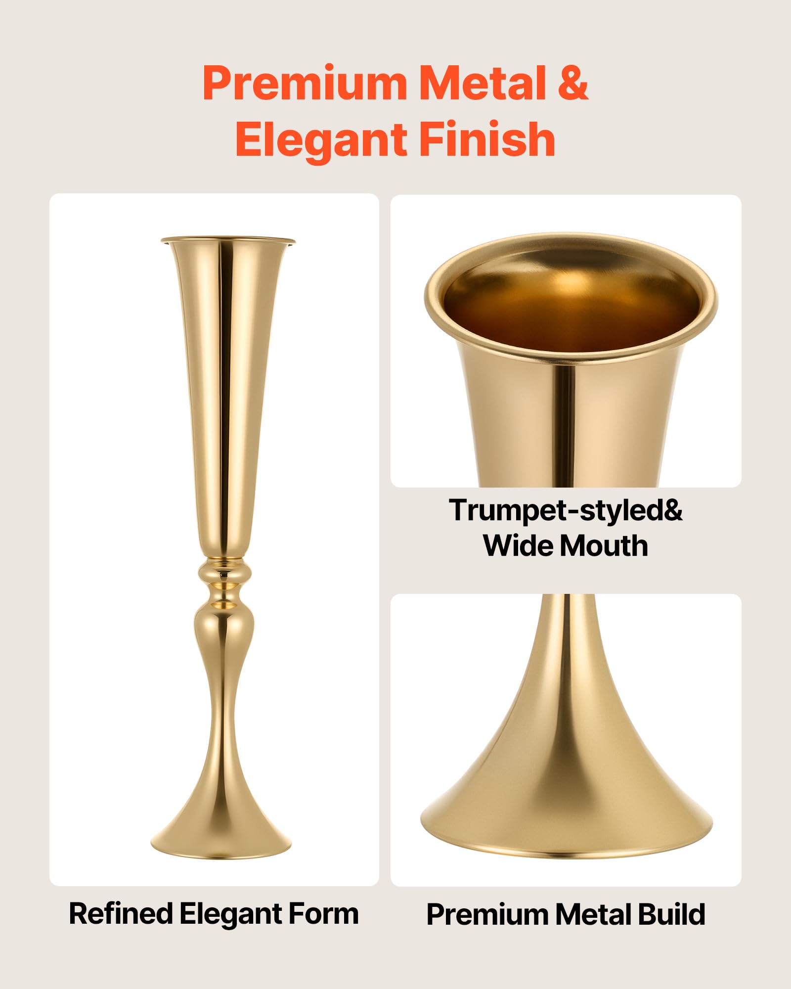 VEVOR Set di 12 Vasi Decorativi Centrotavola per Matrimonio in Metallo, 12 Vasi Supporto per Composizioni Floreali Altezza 55 cm per Decorazioni Banchetti Feste Casa, Finitura Galvanizzata Oro