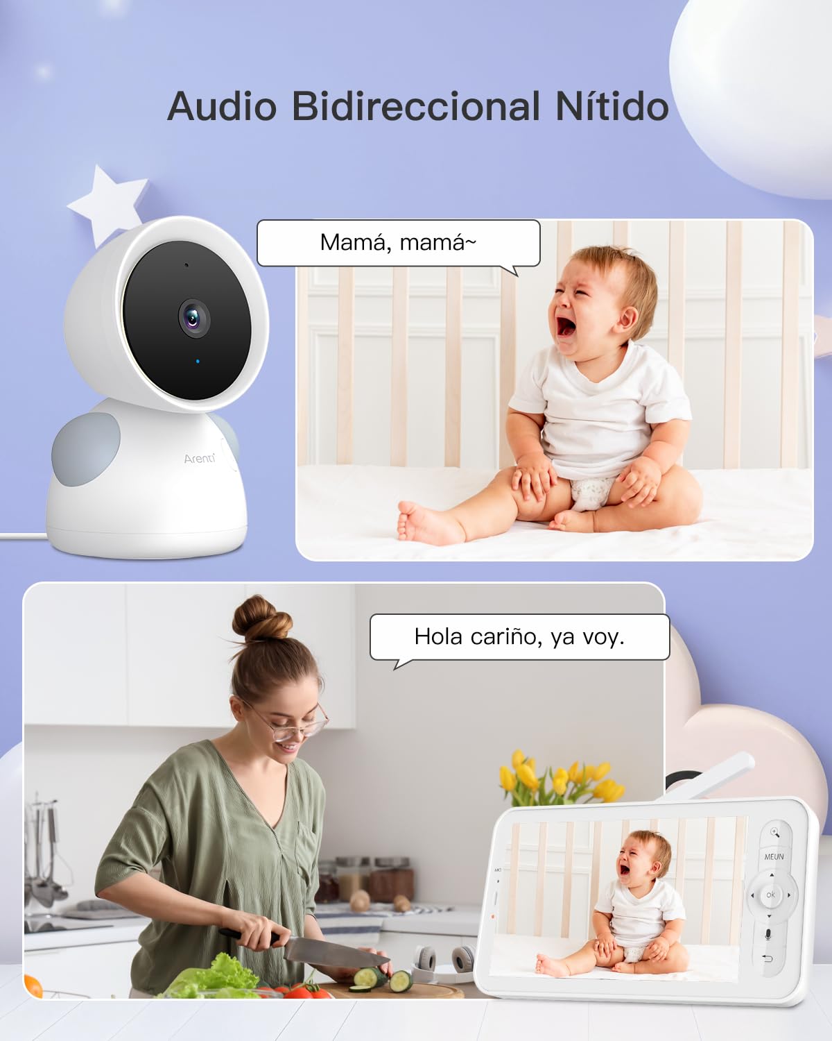 ARENTI 2K/3MP Camara Vigilancia Bebe con 5" Monitor, 2,4GHz WiFi Vigilabebes con Camara, Detección del Llanto, Detección de Temperatura y Humedad, Visión Nocturna, Audio Bidireccional con Alexa & App