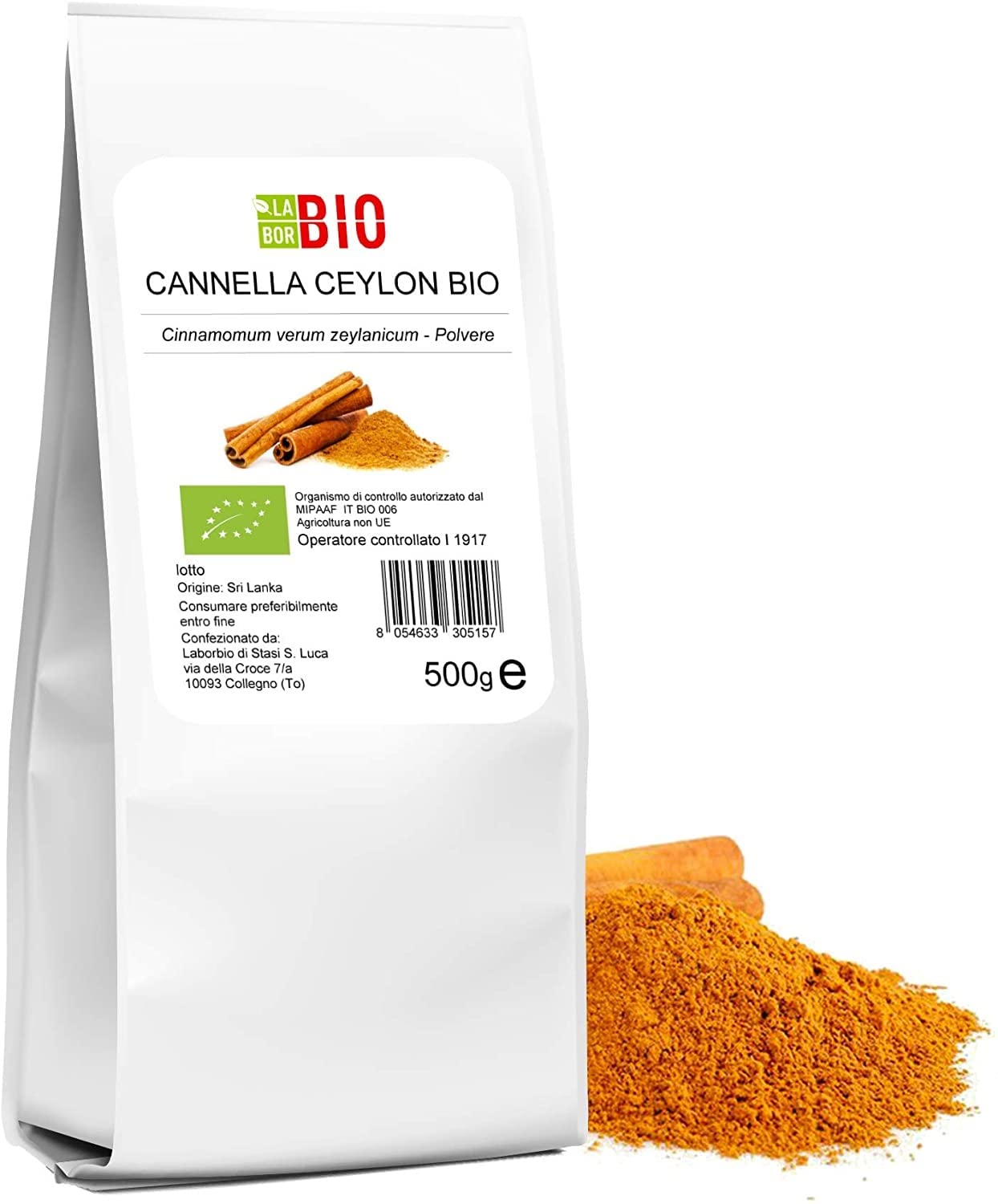 Cannella vera di Ceylon in Polvere Bio 500 g - 100% Naturale Vegan senza conservanti uso in cucina