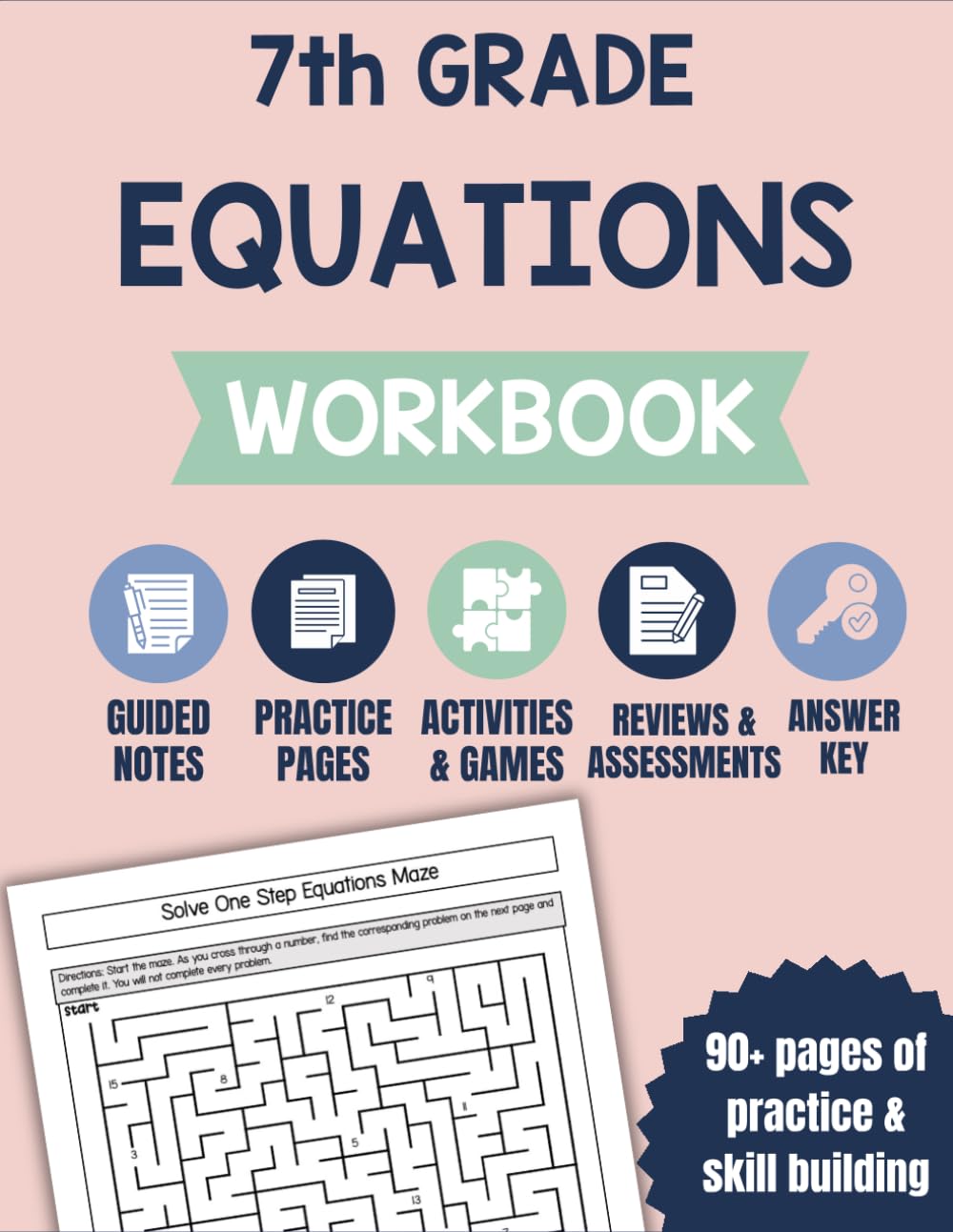 7th Grade Math Workbook Solving Equations: One Step and Two Step Equations Pre-Algebra Grades 6-8