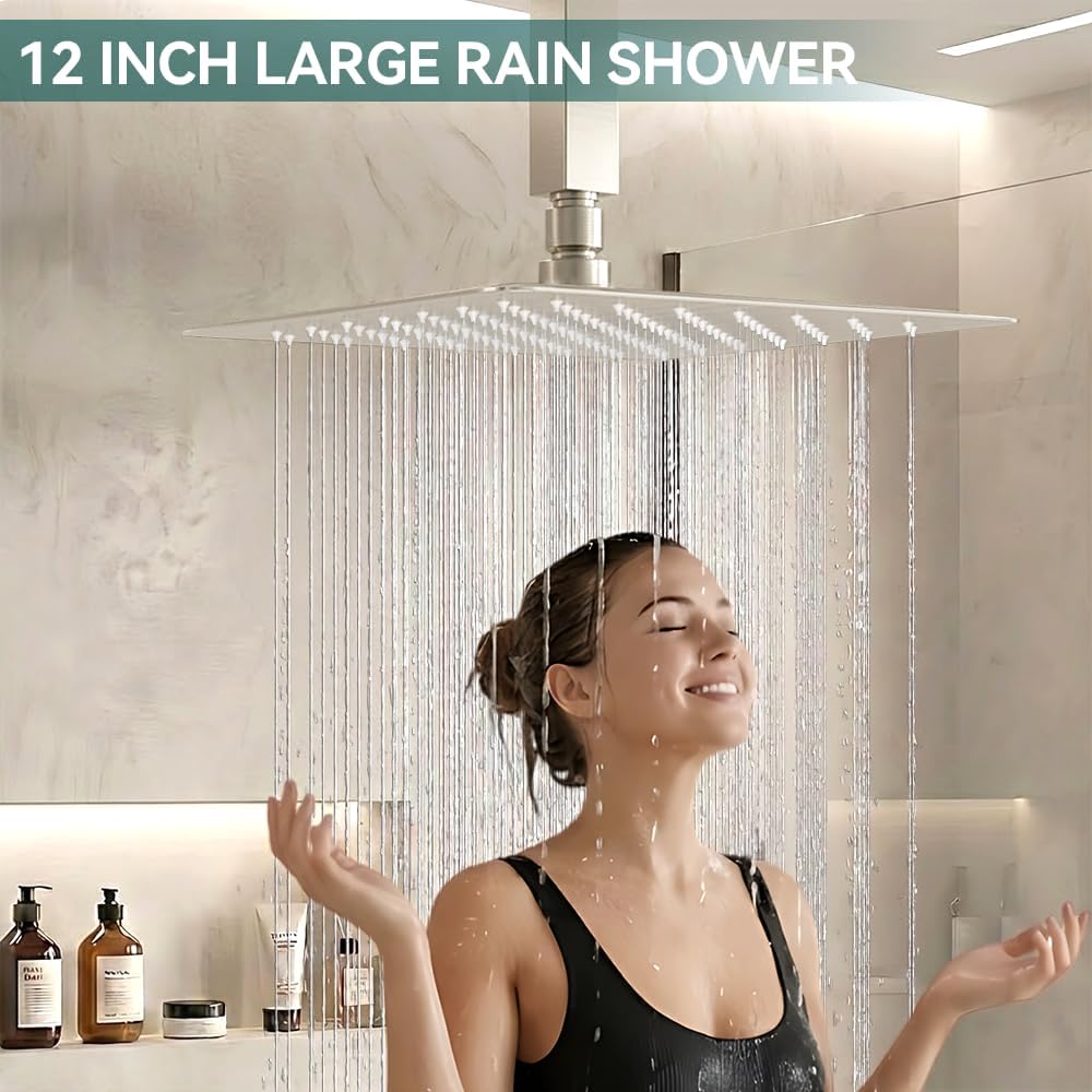 Brushed Nickel Shower System Shower Faucet Set, STARBATH 12" Ceiling Mount Rain Shower Head and Handheld Spray for Two Person, Shower Faucet Set with Diverter Valve and Trim Kit Complete