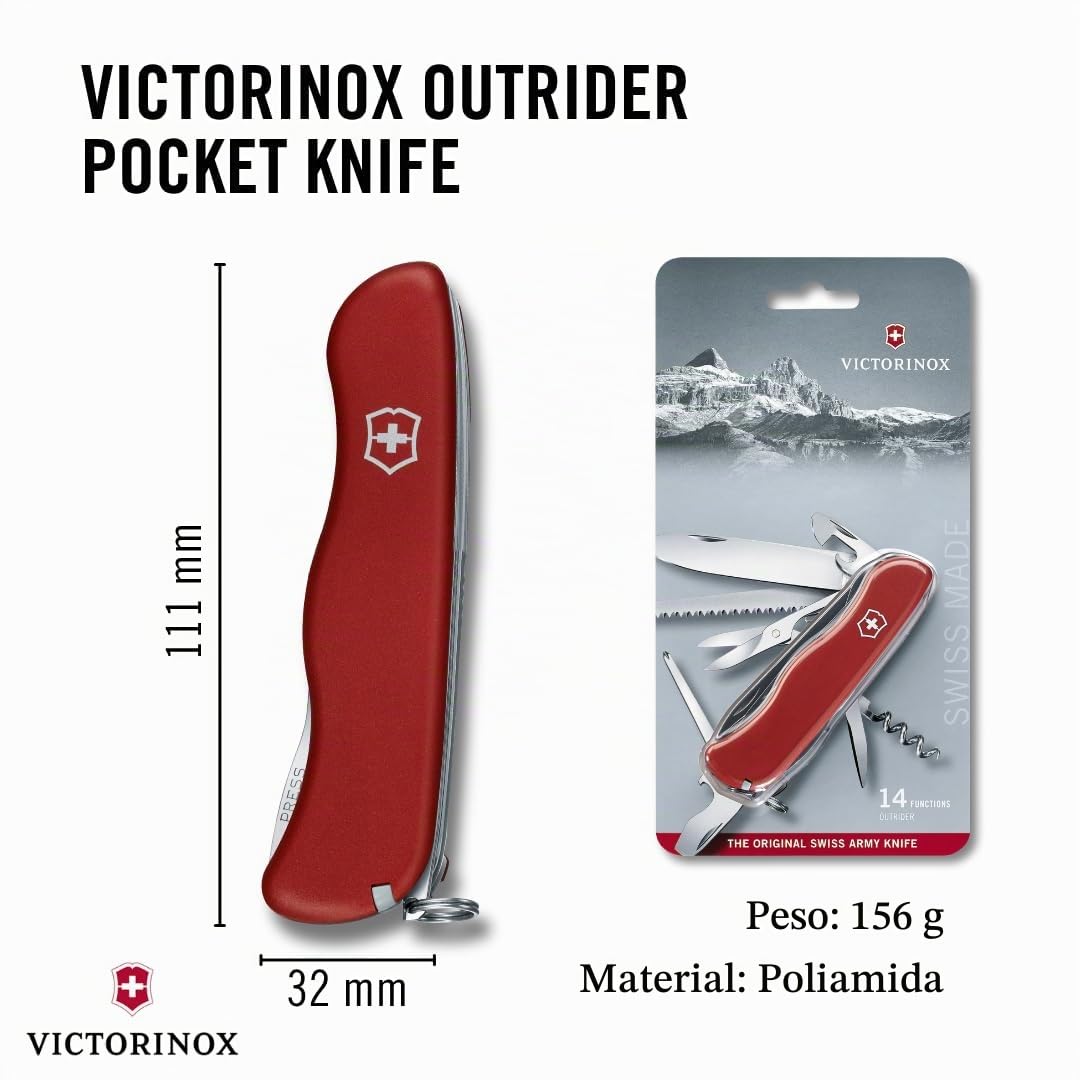Victorinox, Outrider, Navaja Multiuso Suiza, Cuchillo bolsillo, Regalo, 14 Funciones, Hoja grande, Abrelatas, Bloqueable